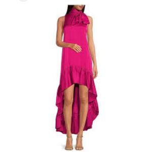 NEW Badgley Mischka Belle Harper Satin Mock Neck Hi-Lo Dress PINK Size 4 8
